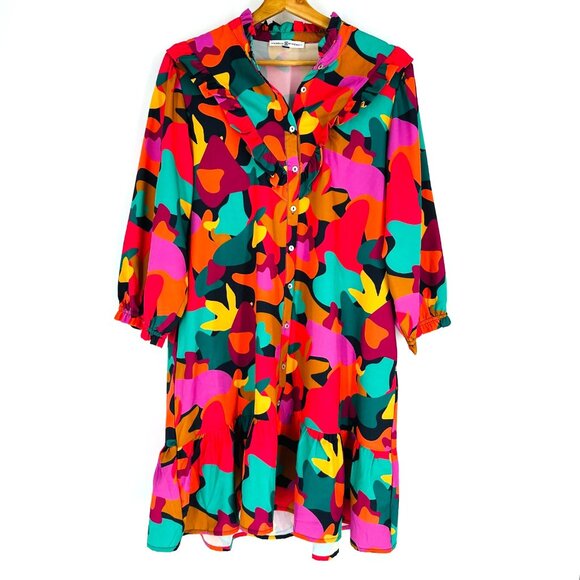 Michelle McDowell Ruffle Button-Up Waylon Dress Multicolor Abstract Print Size L - Picture 2 of 8